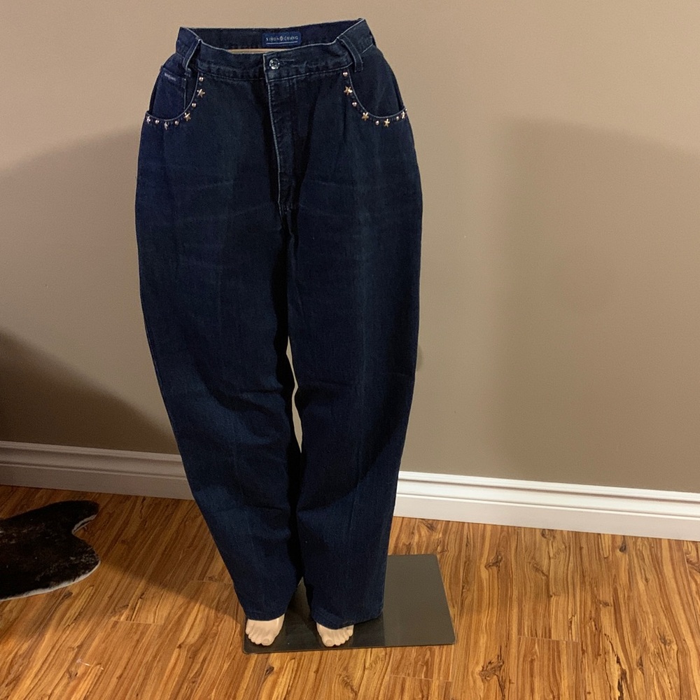 Simon Chang Dark Blue Straight Leg Jeans with Studded Pockets
